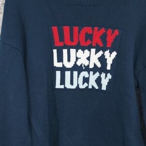 Lucky Brand Navy Sweater with Red and White Text